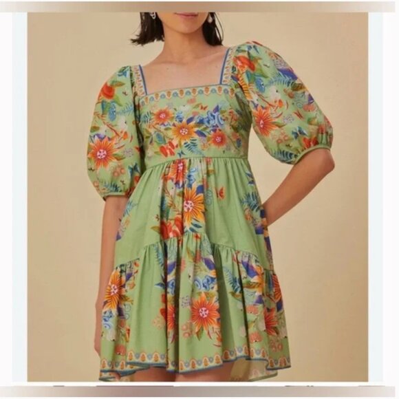 FARM Rio Green Bright Yard Mini Cotton Dress Size M - Picture 1 of 12